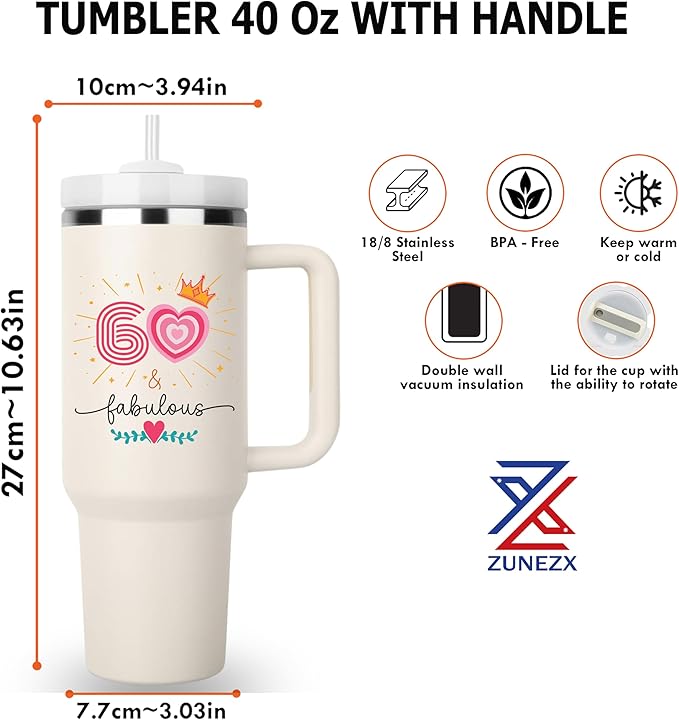 60th Birthday Gifts for Women, 60 Fabulous Gift For Her Mom, Cool 60th Birthday Gifts Tumbler 40oz, 60 Years Old 1965 Birthday Gifts for Women, 60th Birthday Decorations for Woman, Turning 60 Present