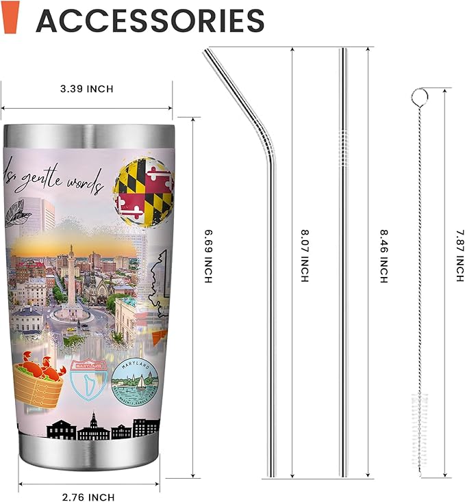 20oz Insulated Tumbler Maryland State Coffee Mug, United States Map Travel Mug Landmark, Birthday Gifts Cute Custom Tumbler Cups with Lid and Straw Mothers Day Gifts