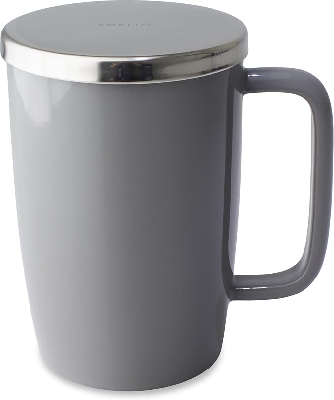FORLIFE Dew Glossy Finish Brew-In-Mug with Basket Infuser & "Mirror" Stainless Lid 18 oz., Gray