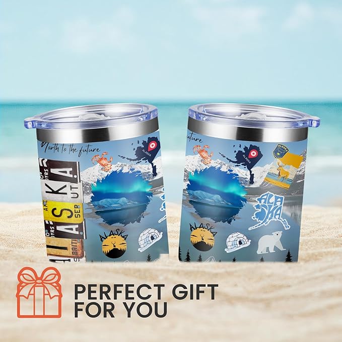 12oz Coffee Mug Alaska State Insulated Coffee Cups, United States Map Travel Mug Landmark, Birthday Gifts Cute Mugs with Lid and Straw Mothers Day Gifts