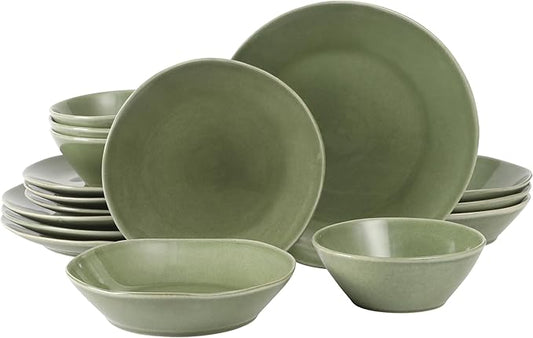 Bloomhouse - Two Time Oprah's Favorite Things Winner - Montecito Breeze 16 Piece (Service for 4) Double Plates and Bowls Stoneware Reactive Glaze Dinnerware Set - Cyprus Green