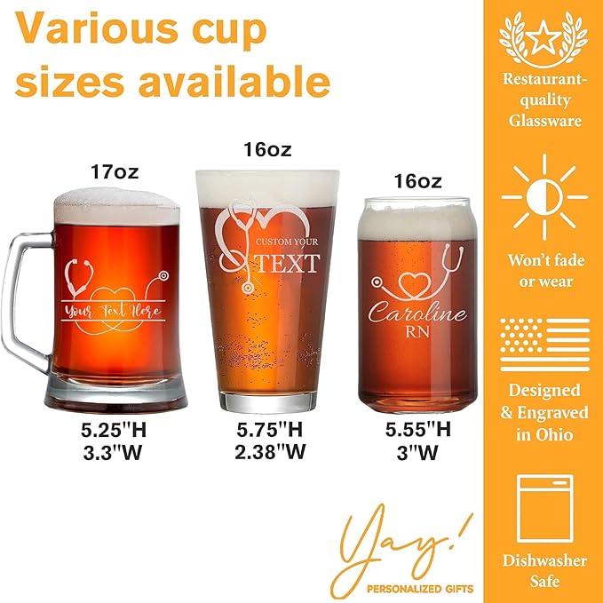 Custom Engraved Beer Glass - Personalized Nurse Gifts, Graduation Gift for Nurses Week Retirement Graduation Appreciation Present for School Nursing Student RN Practitioner (Beer, Nurse)