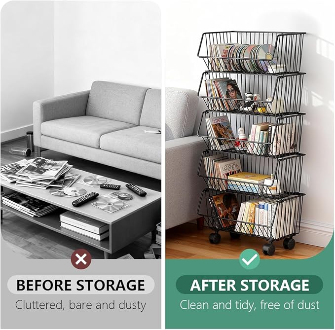 Wire Baskets Organization with Rollers for Kitchen and Home Storage, Vegetable Fruits Metal Basket for Countertop and Corner, Wire Basket Storage Bins for Space Utilization, Durable, 5 Tiers