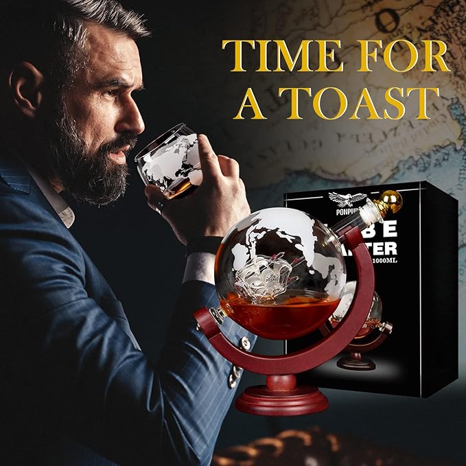 PONPUR Whiskey Globe Decanter, Gifts for Men Dad Him Stocking Stuffers, Anniversary Birthday Gift for Husband Boyfriend Brother Grandpa, Unique Housewarming Presents Whisky Bourbon Decanter, 1000ml