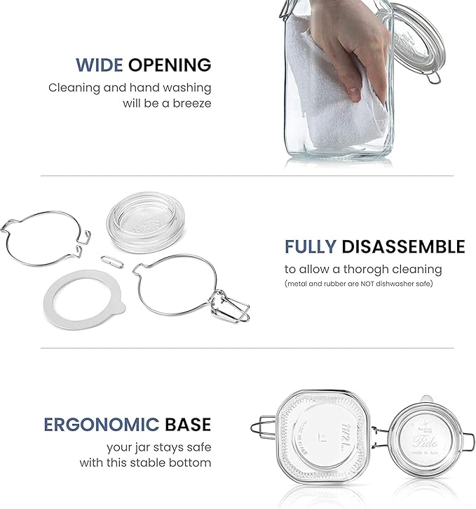 Bormioli Rocco Fido Glass Jars (17.5 Oz, 33.75 Oz & 25.25 Oz) - Airtight Storage Containers - Ideal for Pantry Storage, Gifting, Canning & Kitchen Organization, Made in Italy (Set of 3)