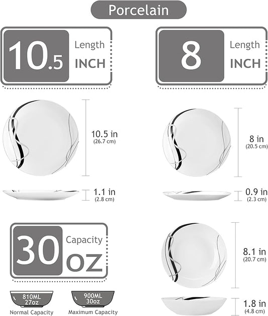 VEWEET Porcelain Dinnerware Sets for 6, 18 Pieces Plates and Bowls Set with Black and Grey Ribbon Lines, Dishes Set Dining Ware for Dinner, Microwave and Dishwasher Safe, Series FIONA