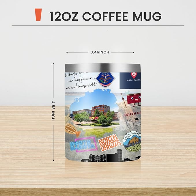 12oz Coffee Mug North Dakota State Insulated Coffee Cups, United States Map Travel Mug Landmark, Birthday Gifts Cute Mugs with Lid and Straw Gifts for Mom