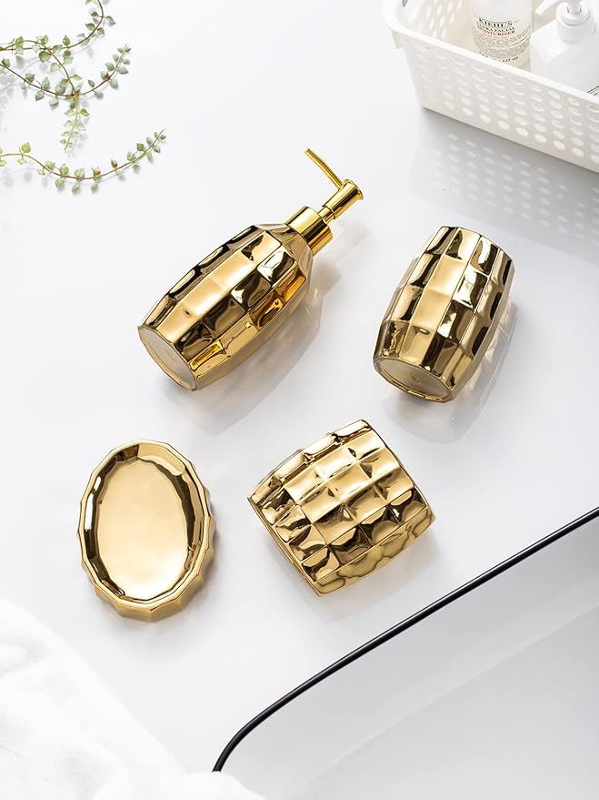 Bathroom Accessories Set, Golden Mosaic Ceramic Bathroom Accessory Sets Include Lotion Dispenser, Toothbrush Holder Tumbler, and Soap Dish