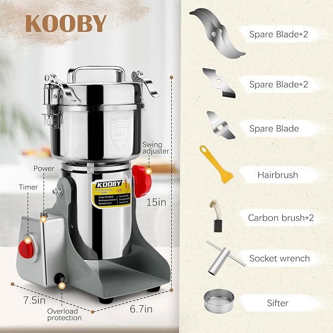2500G Electric Grain Grinder Mill, 3500W Swing-Type 304 Dry Cereals Pulverizer Makes Dry Goods, Spices, Coffee, Pepper, Etc., Commercial 110V High-speed Superfine Machine (2500G Swing Type)