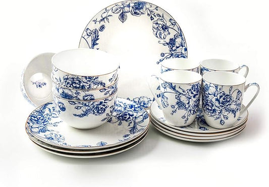 Blue Rose Plates and Bowls Sets Dishes Set for 4, Ceramic Plates and Bowls Set, Service for 4, Bone China Dinnerware Set Salad Dessert Plates, and Cereal Bowls Set, Microwave safe by KOKEN