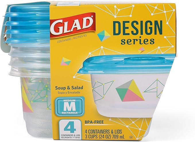 Glad GladWare Design Series Food Storage Containers - Medium Rectangle - Meal Container Holds up to 24 Ounces of Food - Lock Tight Seal, 4 Count - 6 Pack