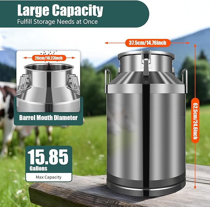 Milk Can Stainless Steel Containers with Lids Old Fashion Milk Jug Metal Bucket with Practical Handles, Sealed Bucket for Milk Water Wine Honey Oil Rice Tea Beans Grains (60L/15.85Gal)