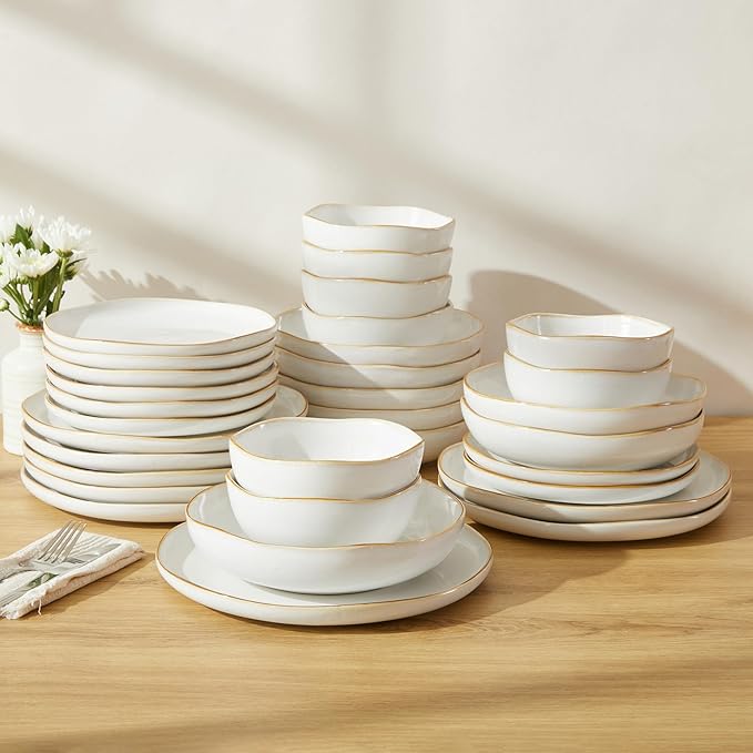 32 Piece White Dinnerware Set with Pasta Bowls, Reactive Glaze Stoneware for 8 | Perfect for Multi‑Course Dinners, Hosting Large Groups, Holiday Serving Needs