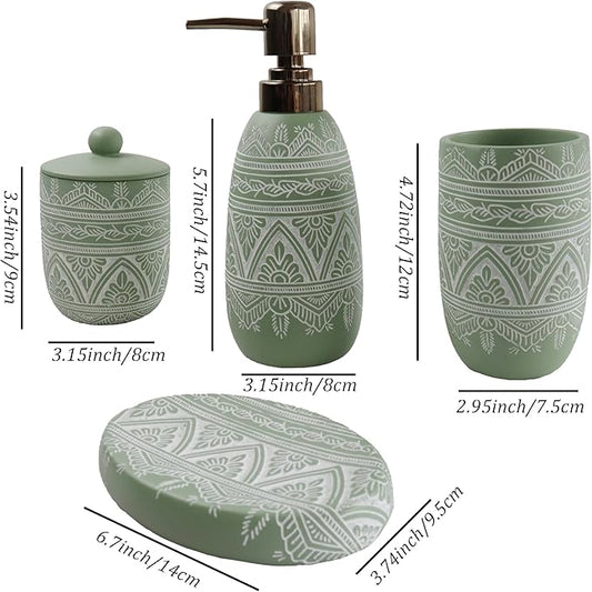Hymmah Green Bathroom Accessories Set,Farmhouse Bathroom Decor,4 Pcs Resin Gift Set Apartment Necessities, Contain Cotton Swab Jar,Soap Dispenser,Tumbler，Soap Dish/Tray