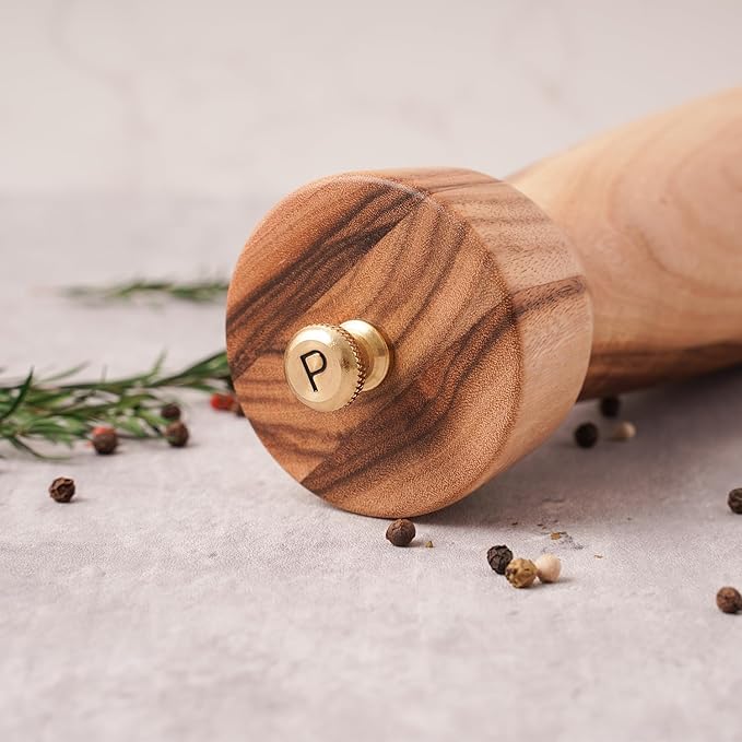 Pepper Grinder, Pepper Mill with Adjustable Stainless Steel, Acacia Wood, 20.5 cm/8 inch Height, Bottom Dia: 6 cm/2.36 inch (Tray is NOT Included)