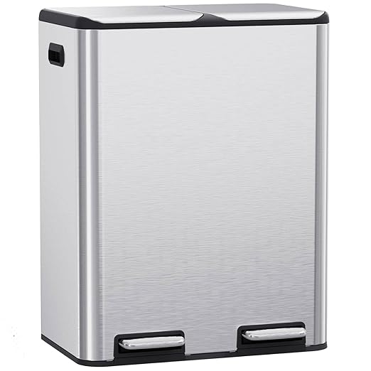 Arlopu 16Gal Dual Trash Can w/2 Built-in Box for Odor Control, Hands-Free Kitchen Garbage Bin, Recycle Waste Dustbin, Soft-Close Lid, 2 Buckets,Foot Pedal, Side Handle, Airtight,for Home (Silver)