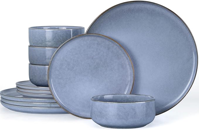 Herogo 12 Pieces Stoneware Dinnerware Sets Service for 4, Dinner Plates and Bowls Sets, Double Reactive Glaze Dishes Set for Kitchen, Scratch Resistant, Microwave & Dishwasher Safe, Haze Blue