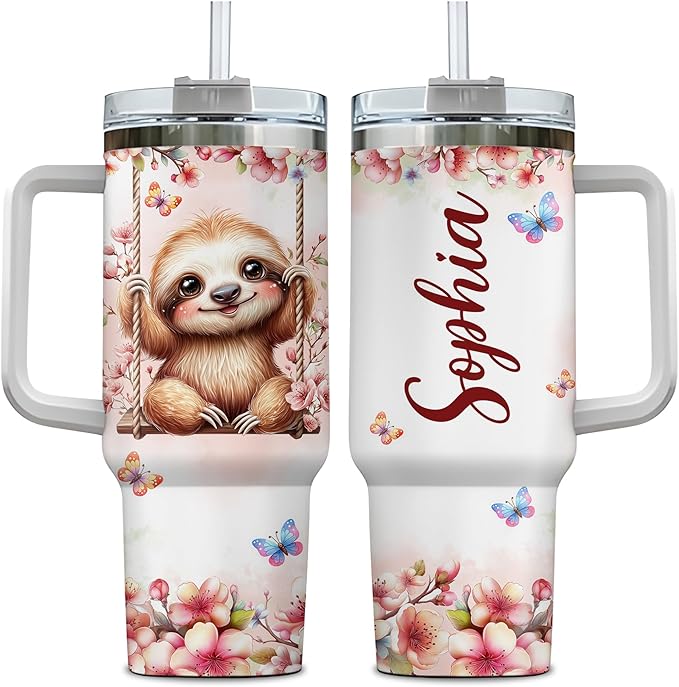 Personalized Sloth 40oz Tumbler with Handle and Straw Gifts for Women Sloths Lovers, Cute Sloth Cup, Animal Lovers Gift Idea on Birthday Christmas, Custom Name Stainless Steel Travel Cup