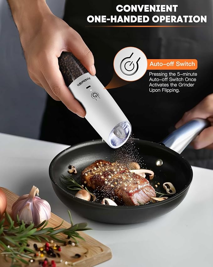 AmuseWit Gravity Electric Salt and Pepper Grinder Set [White Light] USB Rechargeable Automatic Pepper and Salt Mills,Adjustable Coarseness,One-Handed Operation,Black and White