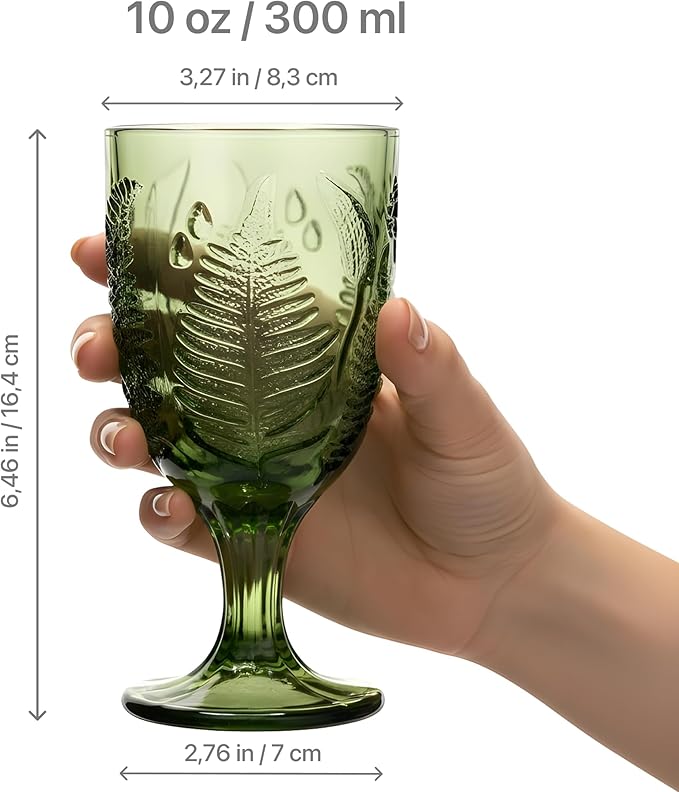 Green Glass Goblets Set of 4 – 10 oz Vintage Glassware Decorative Wine Glasses, Colored Cute Goblet Drinking Cups, Unique Textured Water Cup Sets, Colorful Aesthetic Pretty Drinkware & Christmas Gifts