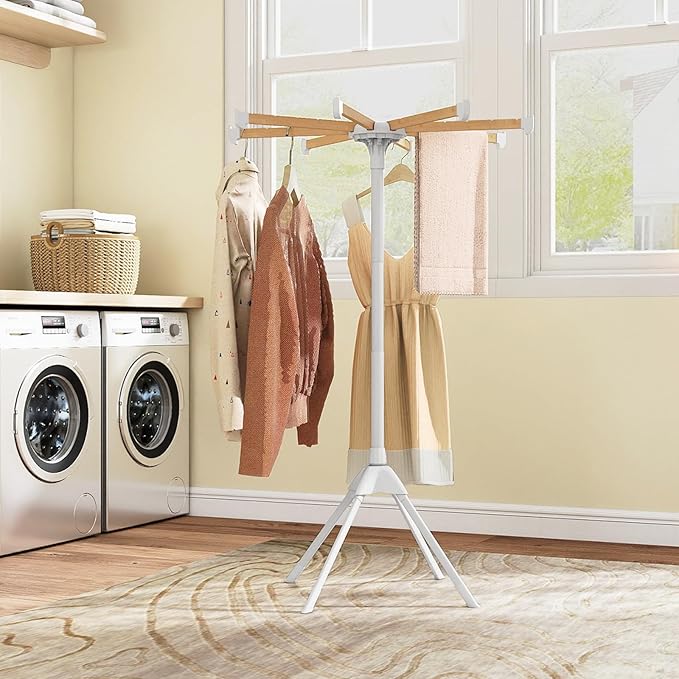 Tangkula Clothes Drying Rack, Foldable Laundry Drying Rack with 8 Bamboo Hanging Rods, 4-Legged Design, Space-Saving Floor Standing Octopus Airer for Balcony Bedroom Household