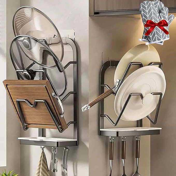 Kitchen Pot Lid Storage Rack, 2026 New Upgrade Kitchen Pot Lid Storage Rack with Tray For Counter, Three Layer Multifunctional Kitchens Pots Lids Holder Organizer (Gray, Set - Suction Cup)