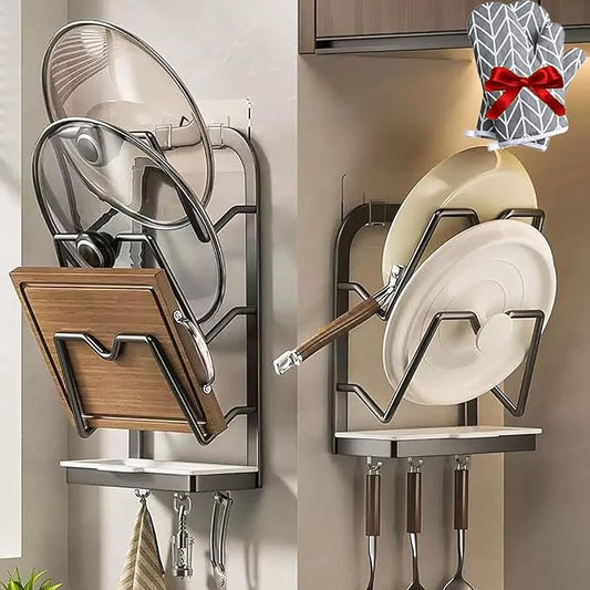 Kitchen Pot Lid Storage Rack, 2026 New Upgrade Kitchen Pot Lid Storage Rack with Tray For Counter, Three Layer Multifunctional Kitchens Pots Lids Holder Organizer (Gray, Set - Suction Cup)