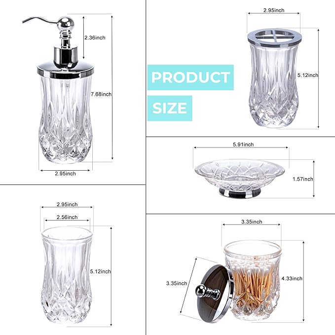 Bathroom Accessories Set,5 Pcs Clear Glass Bathroom Accessory Set,Complete Lotion Soap Dispenser,Toothbrush Holder,Soap Dish,Tumbler & Jar,Modern Bathroom Decor Sets,Gift for Home Apartment,Round
