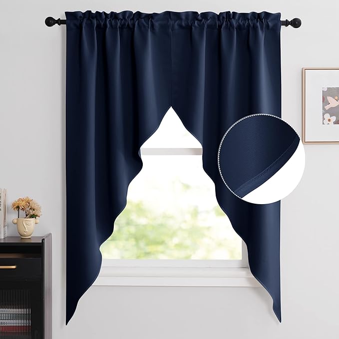 NICETOWN Blackout Kitchen Window Curtains - Thick Tailored Scalloped Valance/Swags Window Decorations Curtains for Living Room/Bay Window (Navy, 1 Pair, W36 x L63 Per Panel)