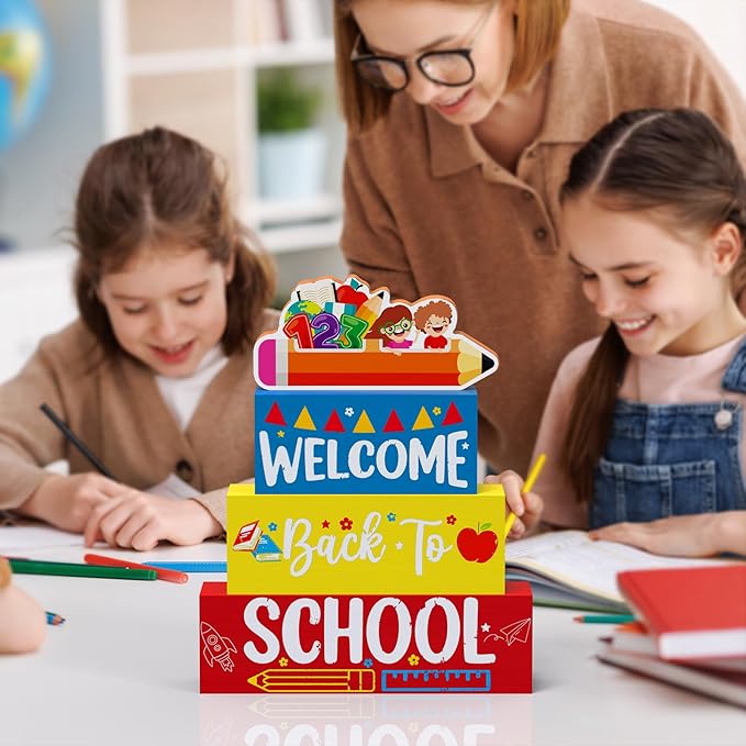 Welcome Back to School Table Decorations, 1st Day of School Wooden Block Sign Pencil Centerpieces for Party, The First Day Banner, Classroom Decor for Kids Teacher Desk Gifts, Tiered Tray and TableTop