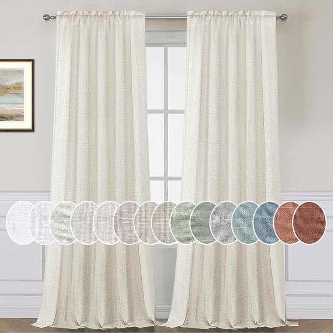 Linen Curtains Elegant Natural Linen Blended Curtains Energy Efficient Light Filtering / Rod Pocket Window Treatments Panels / Drapes for Livingroom (Set of 2, Ivory, 52 inch W X 84 inch L)