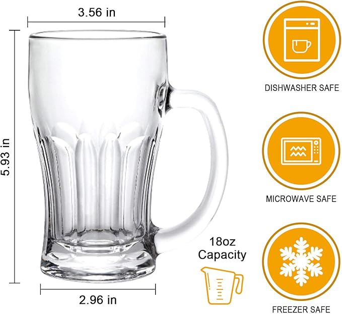 QAPPDA Beer Mugs Set,Glass Mugs With Handle 18oz,Large Beer Glasses For Freezer,Beer Cups Drinking Glasses 520ml,Pub Drinking Mugs Stein Water Cups For Bar,Alcohol,Beverages Set of 8
