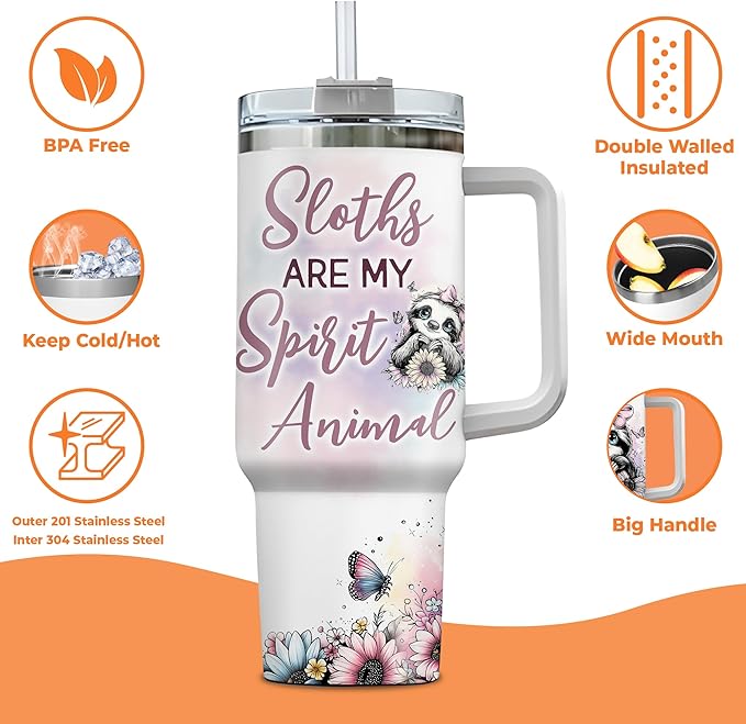 Personalized Sloth 40oz Tumbler with Handle and Straw Gifts for Animal Lovers, Sloth Lovers Gifts for Girl Women, Unique Birthday Christmas Gift Idea, Custom Name Stainless Steel Travel Cup