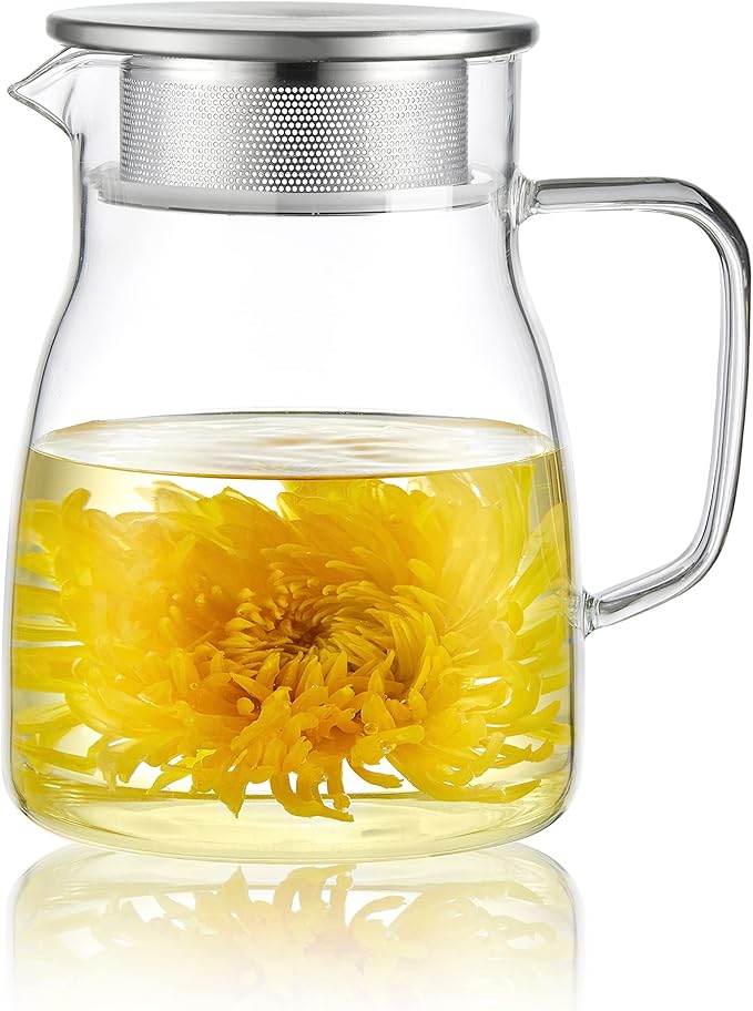 CNGLASS One-Touch Glass Teapot, 27oz(800ml) Glass Tea Kettle with Stainless Steel Filter Lid, Stovetop Safe Loose Leaf Tea Maker