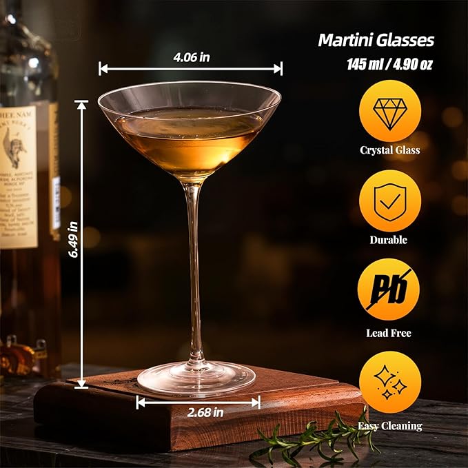 KAMMAK Martini Glasses Set of 2, 4.9 oz Clear Crystal Cocktail Glasses with Stem, Reusable Cocktail Glassware for Wedding Birthday Party, Bar, Margarita, Whiskey, Gin, Tequila, DS01