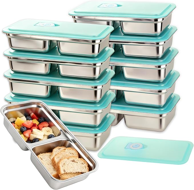 SHUESS 8 Pack Stainless Steel Snack Containers, Food-Grade Double Compartment Lunch Box, Leak-Proof & Dishwasher-Safe, Ideal for Travel, Work