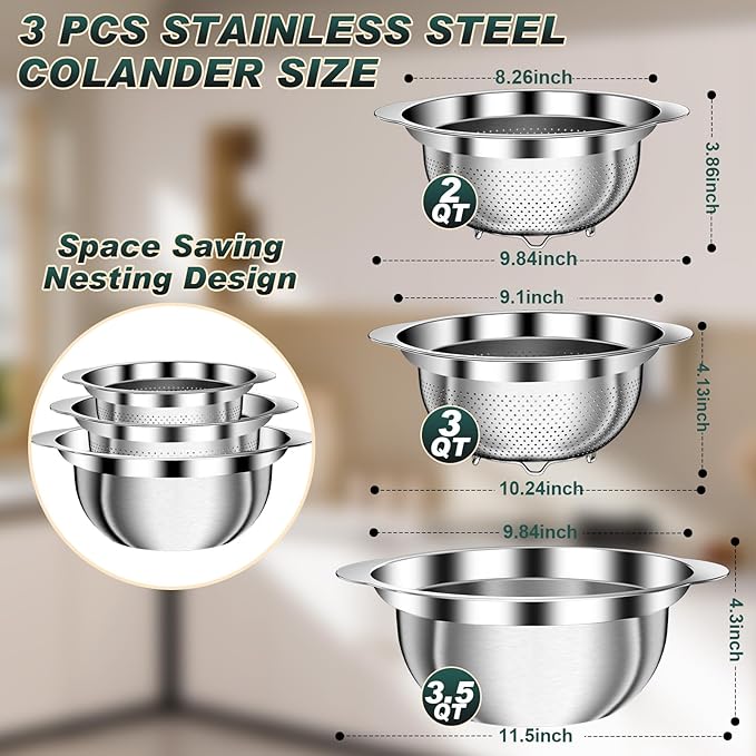 Colander for Kitchen - Stainless Steel Strainer - 3Pcs Strainers and Colanders with Handle, Kitchen Gadget, Food Strainer Basket for Pasta Noodles Spaghetti Vegetables Fruit, 2QT + 3QT + 3.5QT Bowl