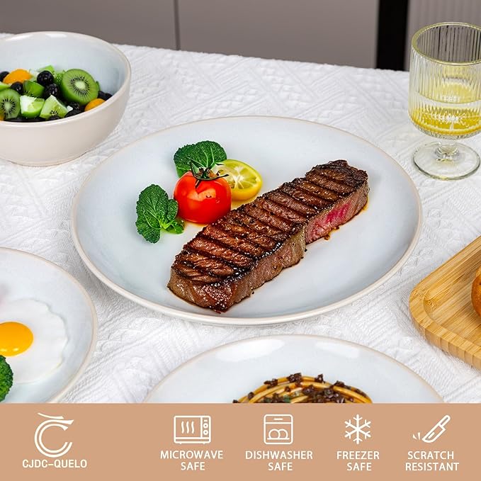 Plates and Bowls Sets for 6 - CJDC-QUELO 18-Piece Stoneware Dinnerware Sets, Ceramic Dishware Set for Kitchen Use and Formal Dining, Chip and Scratch Resistant Microwave Dishwasher Safe, Off White