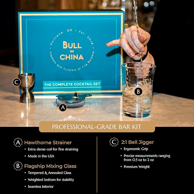 Shaken & Stirred Cocktail Set by Bull in China - Premium Bartender Gift Set w/ 2 Piece Weighted Shaker, Hammered Jigger, Hawthorne Strainer, Fine Mesh Strainer, Mixing Glass & Barspoon (Matte Black)