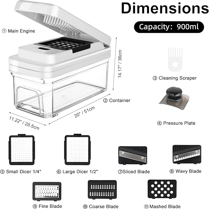 Vegetable Chopper, Professional Food Chopper & Mandoline Slicer with 7 Blades and 900mL Container, Kitchen Gadgets & Home Essentials (White)