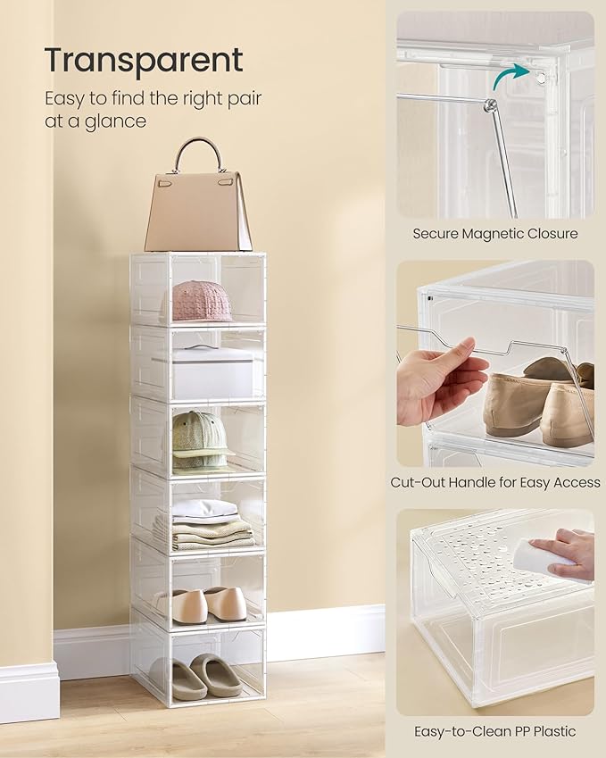 SONGMICS Shoe Boxes, Clear Shoe Organizers, Set of 6, Plastic Shoe Storage with Clear Door, Easy Assembly, up to US Size 13, Transparent White ULSP032W06