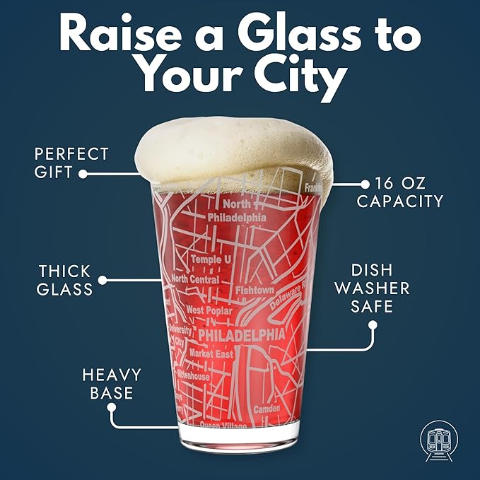 Greenline Goods – Philadelphia, PA Map Pint Beer Glasses (Set of 2), 16 oz – Etched Wrap Design