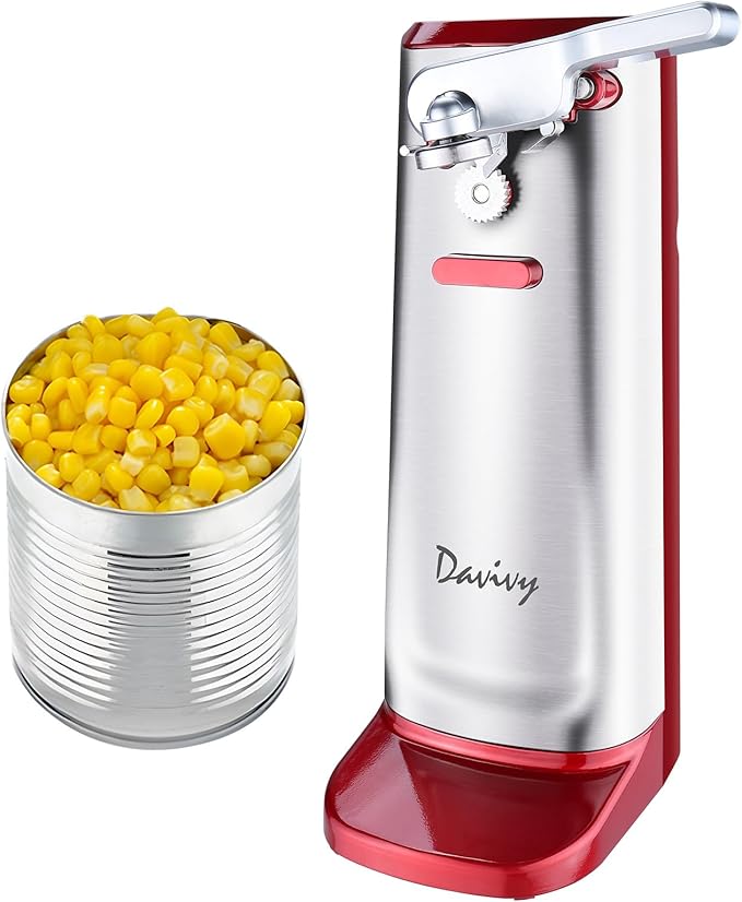 Davivy Can Opener Extra-Tall Electric, Stainless Steel 3-in-1 Can Opener with Knife Sharpener & Bottle Opener, Automatic One-Touch Operation, Wide Stable Base, Cord Storage, Fiery Red