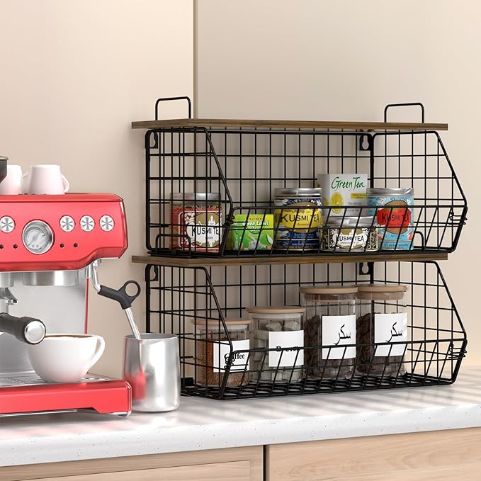 2 Pack Extra Large Pantry Organizers and Storage Stackable Trash Bag Holder,Laundry Room Organizers Basket with Wood Top,Wall Mount Large Standard Garbage Bag Dispenser,Under Sink Organization