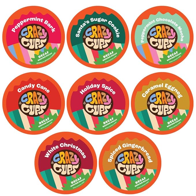 Crazy Cups Decaf Christmas Coffee Pods – Holiday Flavored Sampler for Keurig K Cup Brewers, 50 Count - Great Holiday Gift