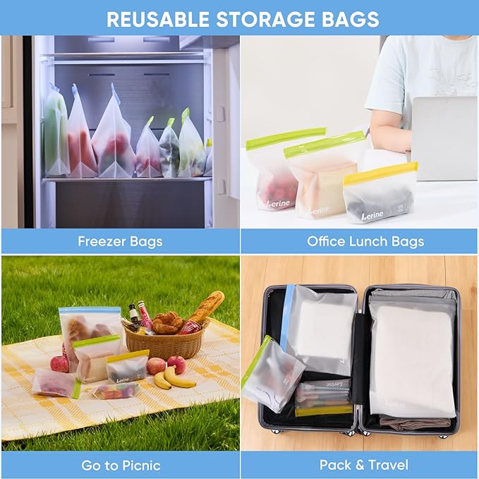 Lerine 10 Pack Stand-Up Reusable Sandwich Bags, Dishwasher Safe Leakproof Food Storage Bags, BPA Free Reusable Freezer Bags for Meal Prep,Sandwich,Home Organization (Green)