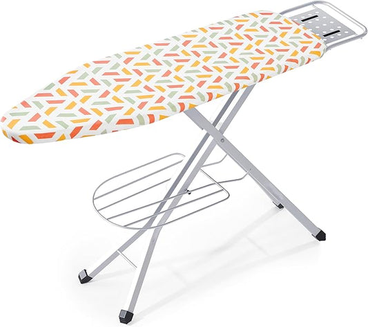 Ironing Board, Heat Resistant Cover Iron Board with Steam Rest, Non-Slip Foldable Ironing Stand. Heavy Sturdy Metal Frame Legs Iron Stand(13 * 34 * 53 Inches) (Geometric White)