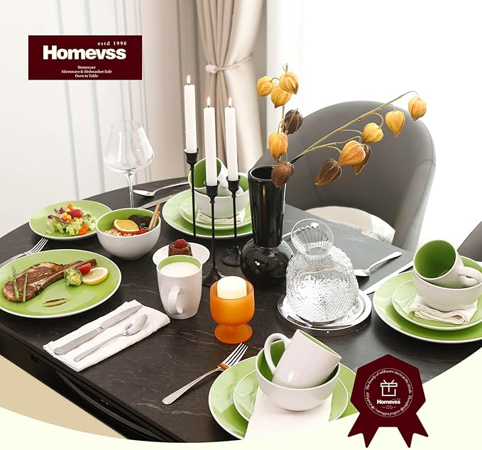 Stoneware Coupe Shape 16pc Dinnerware Set, Outside White + Inside Bamboo Color