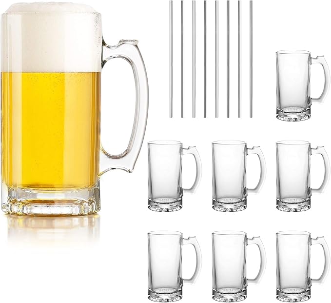 QAPPDA Beer Mugs Set,Glass Mugs With Handle 16oz,Large Beer Glasses For Freezer,Beer Cups Drinking Glasses 500ml,Pub Drinking Mugs Stein Water Cups For Bar,Alcohol,Beverages Set of 8 KTZB02…