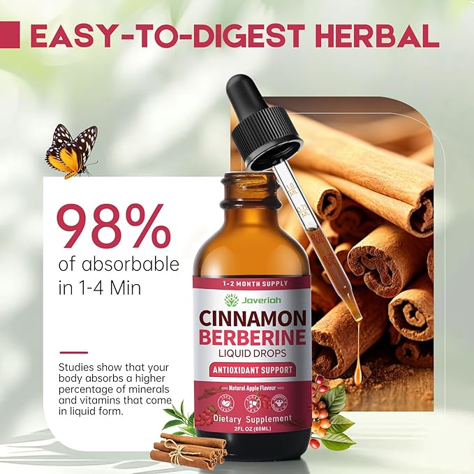 Berberine Drops with Ceylon Cinnamon Bitter Supplement,Berberine HCL Liquid Drops with Turmeric,Green Tea,Apple Cider Vinegar,Black Seed Oil for Overall Support & Digestive System 4 FL OZ 2 Pack
